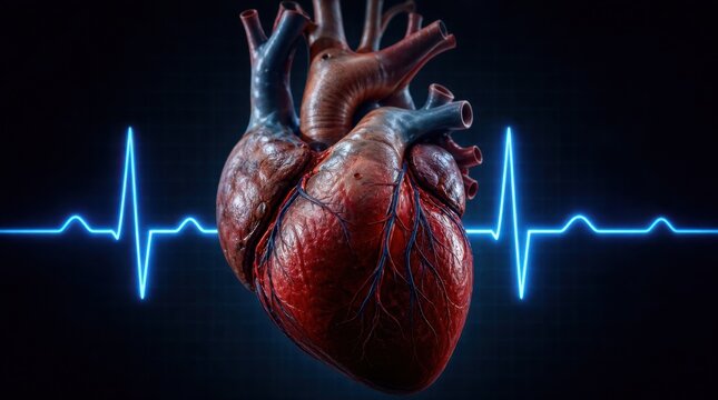 A realistic human heart with visible veins and arteries is set against a dark background featuring a glowing blue electrocardiogram (ECG) heartbeat line.