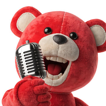 A vibrant red plush teddy bear character holding a silver vintage microphone and singing with an open mouth , 3d render style isolated on a transparent background
