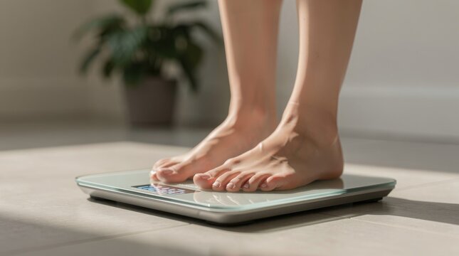 A person stands barefoot on a digital scale indoors, checking their weight on a sunlit floor with a blurred plant in the background.