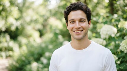 Obraz premium A smiling young man wearing a plain white t-shirt standing outdoors in front of a blurred background, of green foliage, and white flowers