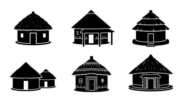African Hut Icons, Traditional Village Dwellings, Rustic Tribal Homes, Ethnic Architecture Vector Set