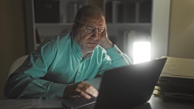 Man using laptop, resting head on hand while typing with one hand in a dim office building at night; late night fatigue.