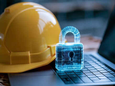 A bright yellow construction hard hat rests beside a glowing digital padlock superimposed on a laptop keyboard, symbolizing data security and protection within industrial environments.