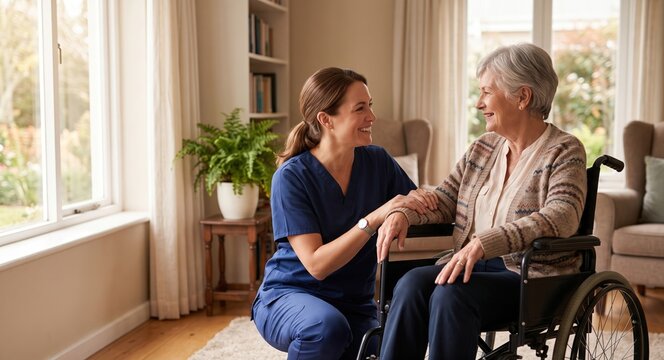 Nurse supporting senior woman in wheelchair at home