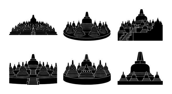 Buddhist Temple Silhouettes, Ancient Monument Icons, Sacred Architecture Vector Collection, Spiritual Landmark Graphics