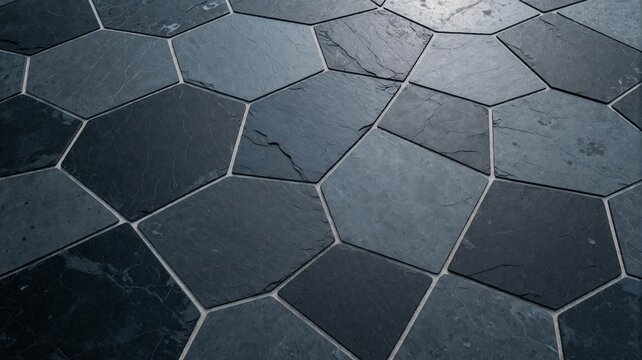 Dark Slate Tile Flooring with Irregular Hexagon Patterns