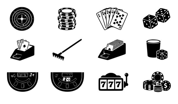 Gambling entertainment glyph icons, slot machine, poker chips stack, playing cards, casino table, and dice pair
