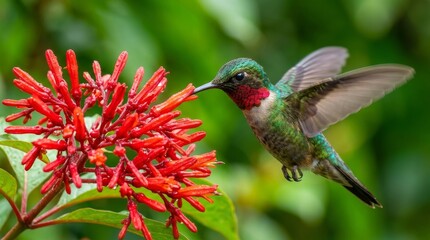 Fototapeta premium Hummingbird Hovering Near Vibrant Red Flowers in Lush Green Garden
