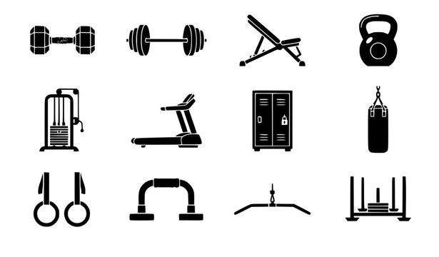 Gym and fitness equipment black glyph icon set, dumbbell, barbell, weight bench, kettlebell, treadmill, and punch bag