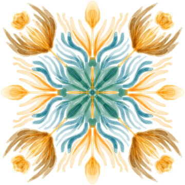 Golden Teal Botanical Mandala Watercolor Digital Painting