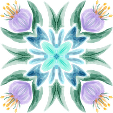Purple Blue Floral Mandala with Green Leaves