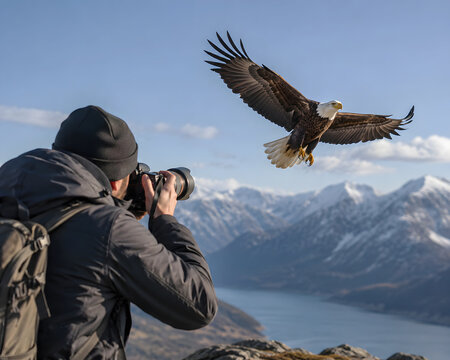 Wildlife Photographer Capturing Flying Bald Eagle Over Mountain Lake