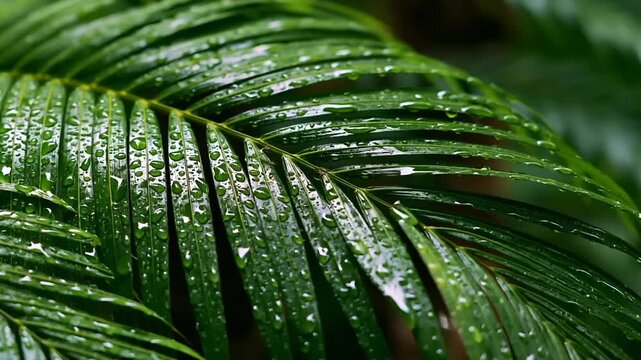 Summer hot vibe lifestyle. A closeup of a tropical leaf reveals its intricate veins and delicate texture. Water droplets glisten on the leafs surface.