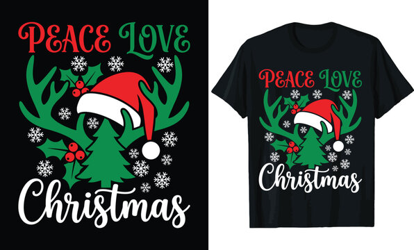 Peace Love Christmas T-Shirt Design &ndash; Festive Holiday Quote with Green Reindeer Antlers, Santa Hat, Tree, Holly & Snowflakes Tee