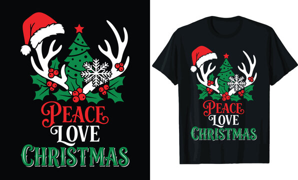 Peace Love Christmas T-Shirt Design &ndash; Festive Holiday Quote with White Reindeer Antlers, Santa Hat, Tree, Snowflake & Holly Tee