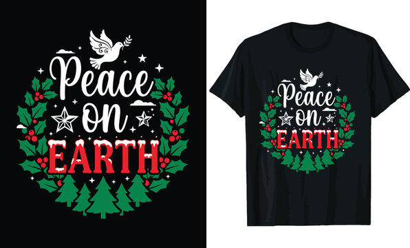 Peace on Earth Christmas T-Shirt Design &ndash; Festive Holiday Dove Quote with Wreath & Pine Trees Tee