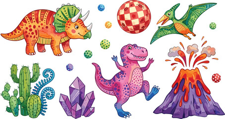 Watercolor Cute Cartoon Dinosaur Vector Element Set Featuring Tyrannosaurus Rex Triceratops Pterodactyl Erupting Volcano Crystal Gems and Cactus for Nursery Designs © Fahim