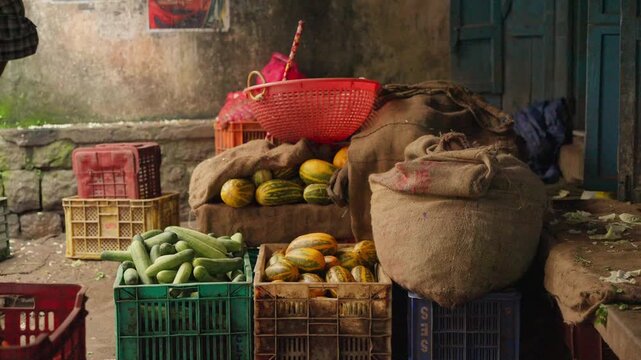 Busy Traditional Local Market with Shoppers and Vendors in Kerala, India