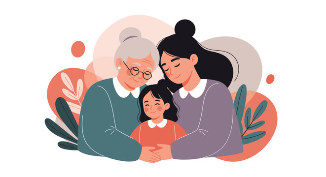 Three generations of women including grandmother, mother, and little daughter sharing a warm family hug.