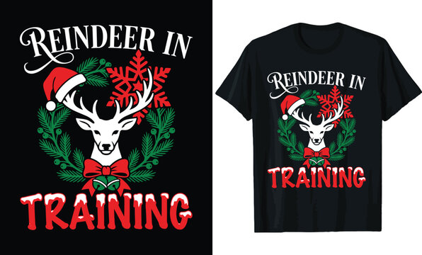 Reindeer In Training Christmas T-Shirt Design &ndash; Festive Holiday Quote with Reindeer, Santa Hat & Pine Wreath Tee