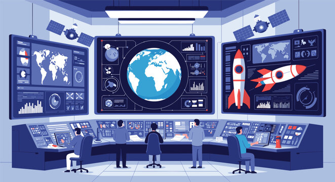 Mission control center with multiple screens showing orbit maps and spacecraft telemetry as scientists monitor.