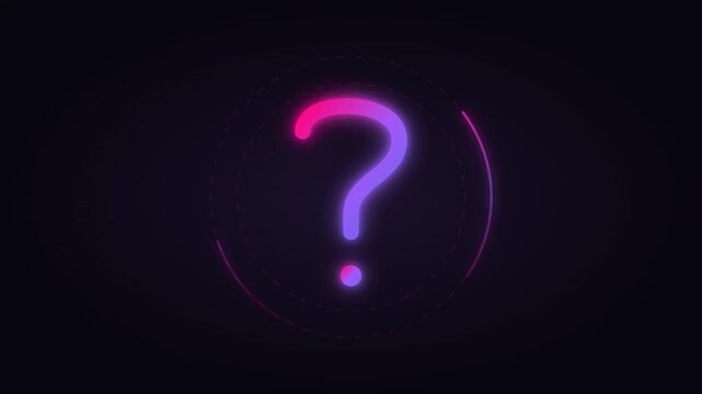 Neon glowing question mark symbol on dark background with circular light effect