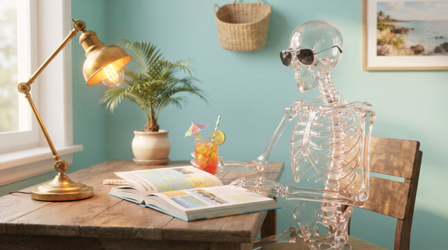 Transparent skeleton wearing sunglasses reads book at desk with tropical drink