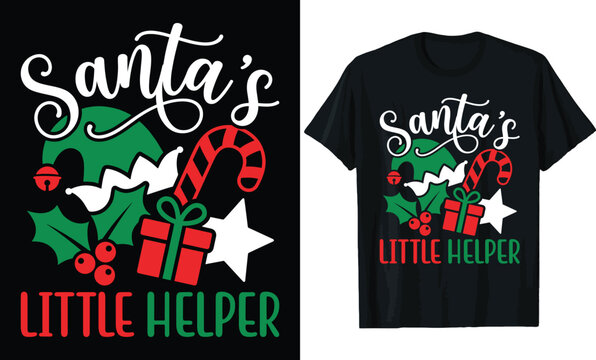 Santa's Little Helper Christmas T-Shirt Design &ndash; Festive Holiday Quote with Elf Hat, Holly Leaves, Candy Cane, Gift Box & Star Tee