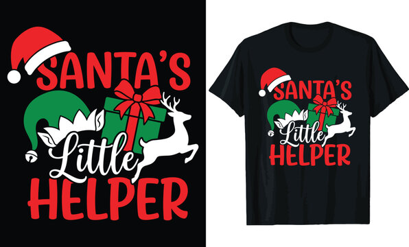 Santa's Little Helper Christmas T-Shirt Design &ndash; Festive Holiday Quote with Santa Hat, Elf Hat, Gift Box & Leaping Reindeer Tee