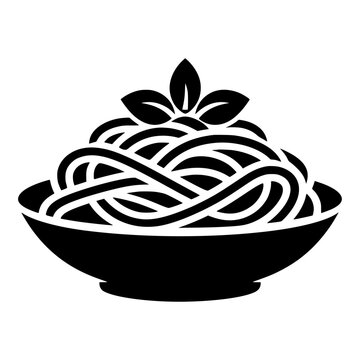 Bowl of spaghetti pasta topped with basil leaves, black silhouette for Italian Restaurant Menus and Food Delivery