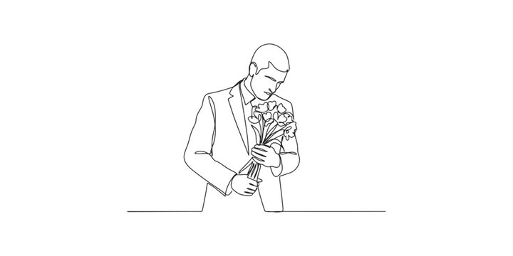 Continuous line drawing of a man in a suit holding a bouquet of flowers