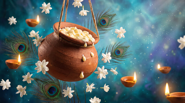 Janmashtami celebration background with dahi handi clay pot, peacock feathers and jasmine flowers, festive Krishna birthday greeting