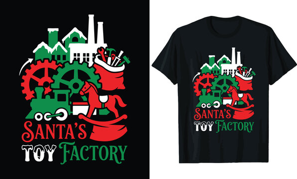 Santa's Toy Factory Christmas T-Shirt Design &ndash; Festive Workshop Train & Rocking Horse Quote Tee
