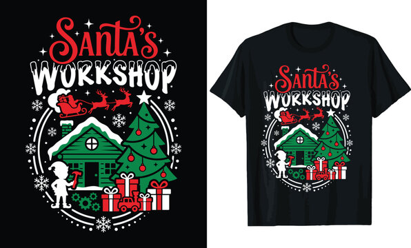 Santa's Workshop Christmas T-Shirt Design &ndash; Festive Holiday Quote with Elf, Workshop House, Christmas Tree & Flying Sleigh Tee