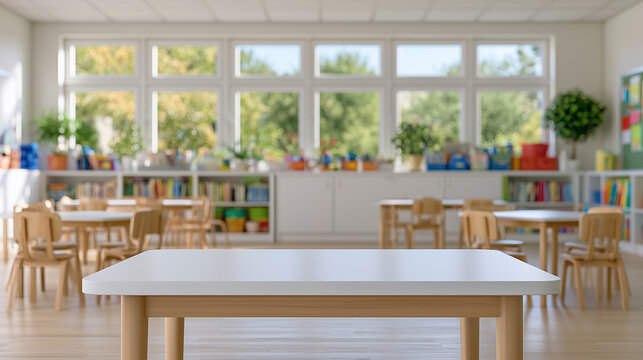 An empty table in a modern kindergarten classroom. 