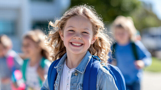 Portrait of a smiling blonde girl with a backpack going to school. 