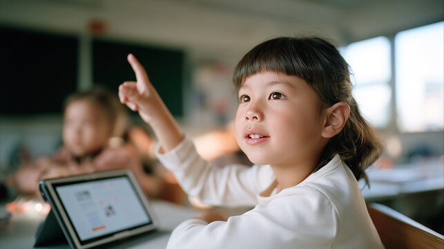 Portrait of a schoolgirl in a modern classroom with a tablet on the desk.