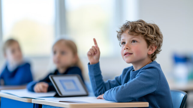 Portrait of a schoolboy in a modern classroom with a tablet on the desk.