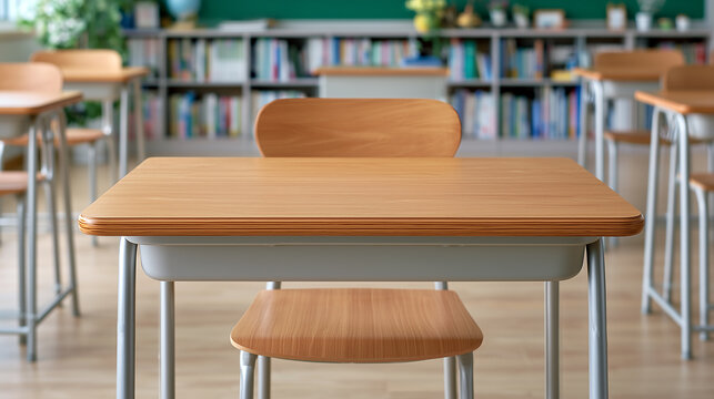 An empty desk in a primary school classroom. 