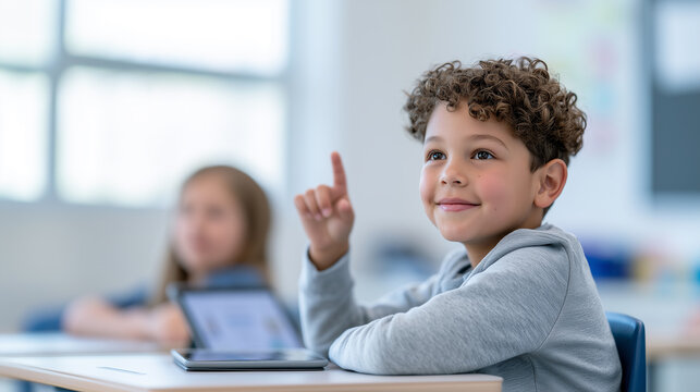 Portrait of a schoolboy in a modern classroom with a tablet on the desk.