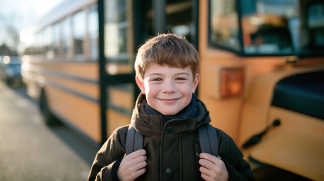 Portrait of a schoolboy in Winter with a yellow school bus on the background. 