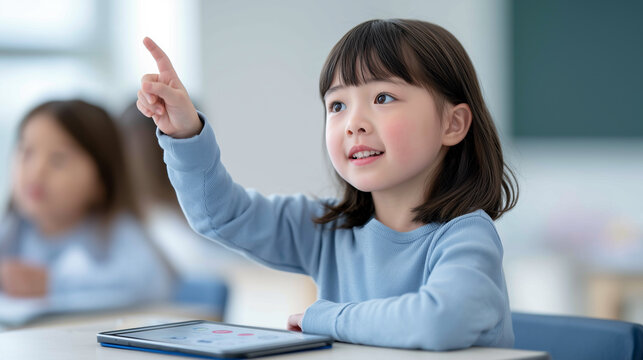 Portrait of a schoolgirl in a modern classroom with a tablet on the desk.