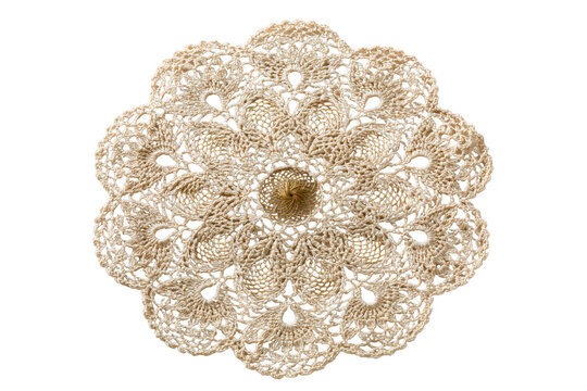 Realistic round crochet beige doily featuring intricate lacework details for home decor crafting
