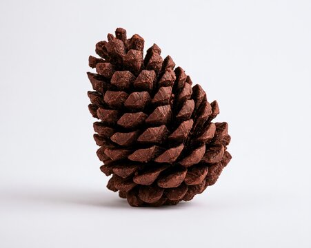 A dark brown pine cone, its scales tightly packed together in a conical shape against a plain white background.