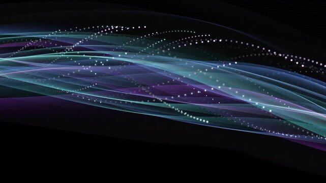 Abstract Futuristic Wave Animation with Flowing Purple and Cyan Light Trails, Glowing Particle Lines and Dynamic Digital Energy Motion Background for Technology Visuals