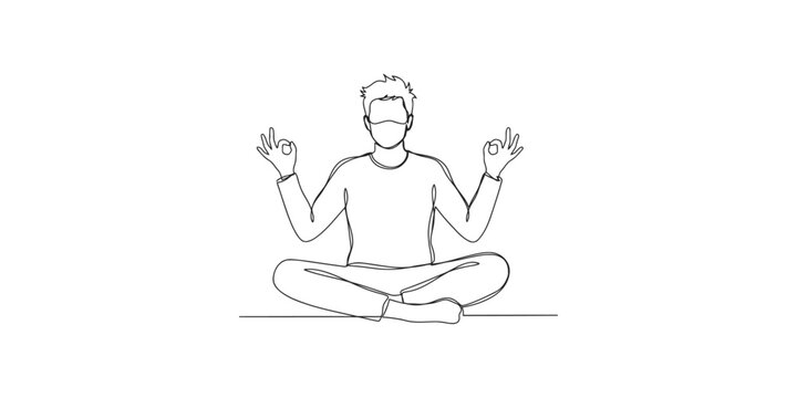 Continuous single line drawing of a man sitting in lotus position meditating with a face mask