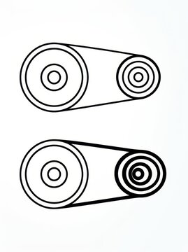 Minimalist Black and White Line Art Illustration of Mechanical Pulley System with Belt Drive for Industrial Design Concepts