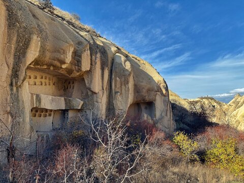 Ancient pigeon houses carved into volcanic tuff cliffs surrounded by dry autumn vegetation in Cappadocia, Turkey.