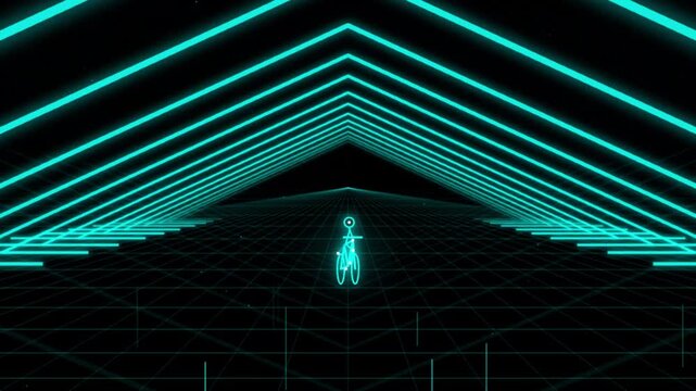 Futuristic Neon Tunnel with Glowing Cyan Geometric Lines and Mysterious Human Silhouette, Cyberpunk Digital Grid Technology Background for Sci Fi Motion Visuals