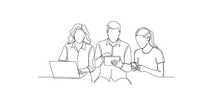 Continuous line drawing of three people working together using a laptop tablet and smartphone
